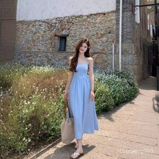 Yellwell여름용 여성 민소매 롱 원피스 시원한 스카이블루 색상 캐주얼 데일리룩LST