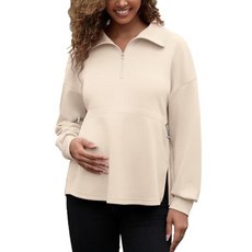 Bhome 여성용 임산부 스웨트셔츠 하프 지퍼 드로스트링 허리 긴소매 사이드 슬릿 루즈핏 풀오버 탑 핑크 S, XL, 라이트 살구