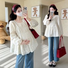 임산부 라운드넥 긴팔 셔츠 봄 가을 빅사이즈 레이스 망사 블라우스 캐주얼 임부복 상의 LT