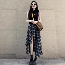 復古不規則格紋高腰半身裙女夏季氣質顯瘦裙子