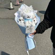 臺灣出貨 玫瑰花 創意兒童節 小狗玩偶花束 成品 送小朋友 閨蜜 畢業 生日禮物 七夕禮物 教師節禮物花束女友情人節x, 1個, 【藍色線條小狗】玩偶花束成品