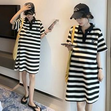 빛나는 판다 원피스 여름 미디 티셔츠 캐주얼 루즈핏 하이넥 여 임부복 스트라이프