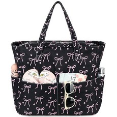 LEDAOU 대형 비치 토트백 여성용 방수 모래 방지 지퍼 수영장 체육관 식료품 여행용 습식 포켓 포함 퀼트 그린 0.5459746, 핑크 보우-블랙