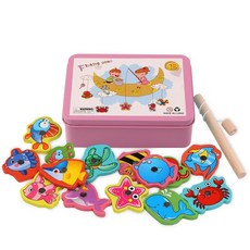 兒童釣魚玩具 磁性玩具 釣魚遊戲 木質鐵盒釣魚 益智玩具 海洋釣魚, 粉色, 1個