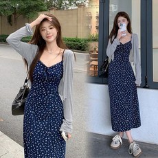 ORZQU 여름 원피스 롱 레이스 브이넥 휴양지 뷔스티에원피스 카디건 슈트