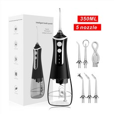 電動水牙線 家用行動式 USB 充電沖牙器 350ML 5噴嘴 強勁清潔口腔, 黑, 如圖所示
