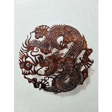 手工牛皮雕刻皮影 龍戲珠 仿古色 直徑25cm 靜態擺飾, 如圖所示, 1個