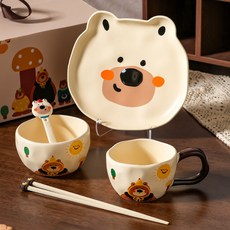 奶油風卡通小熊陶瓷餐具組 附碗筷 禮盒裝 伴手禮, 歡樂小熊-棕色5件套, 1個