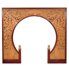 【格森】木鵰月洞門中式隔斷月亮門鬆木實木花格圓拱門博古架仿古屏風, 定做全實木手工雕花月洞門