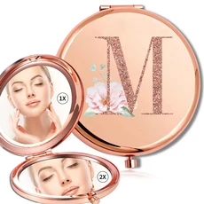 돋보기 메이크업 라운드 거울 양면 금속 화장품 휴대용 모양 유리 소형 휴대용 거울 로즈 골드 문자 패턴, M