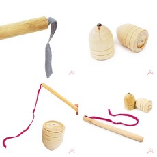 전통놀이 나무 민속팽이 3개 세트 옛날팽이 팽이채 교육용