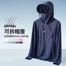 DFMEI 夏季新款防曬衣男防紫外線超輕薄釣魚防曬服套裝戶外騎行冰絲外套, F13藏青涼感【可拆帽檐+風繩】:XL