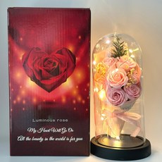 일상채움 집들이 프로포즈 선물 고급 LED 유리돔 플라워 무드등, 핑크 꽃다발