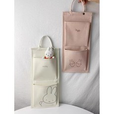2023新款印花兔子寢室可愛簡約收納掛袋帆布學生牀頭儲物袋置物袋, 米色史努比【長41寬18.5cm】,掛袋