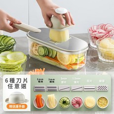 不鏽鋼六合一多功能家用廚房備菜神器 配瀝水籃 護手 土豆黄瓜蔬菜磨蓉刨絲擦絲器套裝 切絲切片切條刨片切丁切花機, 1個, （304不鏽鋼材面板）帶專用護手器,灰色切菜瀝水一件式6刀片帶瀝水籃