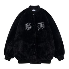 加厚刺繡棒球服棉服外套，黑色毛絨寬鬆短款棉衣，運動保暖棉大衣