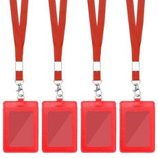 BUZOO 가죽명찰 목걸이 목걸이 카드 케이스 목걸이명찰 세로 가죽 세로형 사원증 케이스 4개, 빨간색