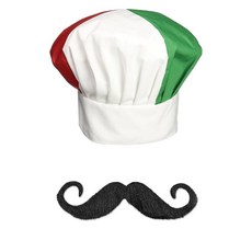 Beistle 이탈리아 셰프 코스튬 - 조절 가능한 레드 화이트 그린 모자 및 자체 접착 블랙 콧수염 요리 할로윈 의상 테마 파티 사진 소품을 위한 재미있는 드