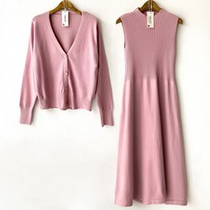 NEMO&LOOK 女款羅紋無袖連身裙+V領長袖針織開襟衫, 粉色的