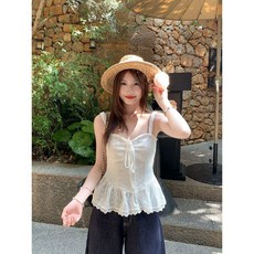 투니스 여성 슬림핏 단색 레이스 민소매 캐주얼 스트랩 티셔츠