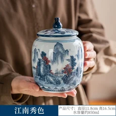 파란색과 흰색 도자기 저장 용기 클래식 차 상자 풍경 뚜껑이있는 일반 항아리 크리 에이 티브 너트