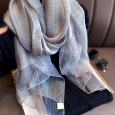 Anna*Sofia 真絲混紡大尺寸披肩絲巾圍巾 朦紗絲線格 淺灰系