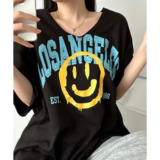 비토샵 여성용 힙가려주는 인생핏 LA 스마일 프린팅 브이넥 루즈핏 언발 트임 반팔티