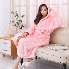 두툼하고 포근한 엠보싱 겨울 극세사 후드 여성 목욕가운 샤워가운 로브 여자 잠옷가운