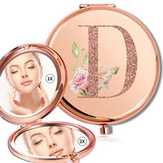 돋보기 메이크업 라운드 거울 양면 금속 화장품 휴대용 모양 유리 소형 휴대용 거울 로즈 골드 문자 패턴, D