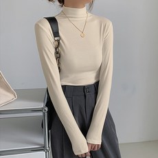 후암마켓 여성용 여리핏 슬림 기본 스판 반폴라 긴팔티