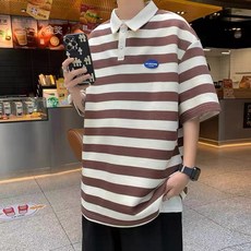 ANYOU 남성용 스트라이프 카라 반팔 티셔츠 루즈핏 캐주얼 남방 상의
