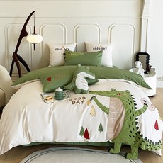 卡通兒童四季長絨棉全棉四件套可愛小鱷魚刺繡純棉被套牀上用品, 1個, JTH棉-憨憨小鱷三件套:1.2米三件套(適用150*200被芯)