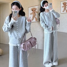 임부복 추동 세트 가을 겨울 임산부 패션 도톰 스웨터 아우터 캐주얼 와이드 팬츠 투피스 YHY