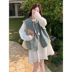 여성 봄 원피스 세트 패션 루즈핏 긴팔 미니 원피스 + 데님 베스트 프렌치 여자 투피스 세트 YXF