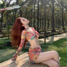 泳衣女2025新款夏比基尼四件套分體長袖顯瘦高級感學生溫泉性感, 花色,L【建議47.5-52.5kg】