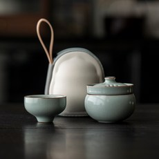 彌言 汝窯陶瓷旅行茶具組 葫蘆造型一壺兩杯隨身泡茶器, 1個, 天青汝窯—葫蘆快客杯