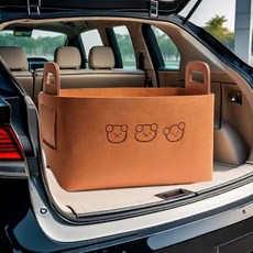 汽車車載毛氈多功能後備箱收納箱帶提手整理神器車內置物盒可摺疊, 大號 (米色3個熊頭)手提收納筐 一個