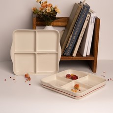 시라쿠스 쉐난고 카디날 레드 화이트 라인 빈티지 사각 4칸 나눔접시 21.7cm, 2개