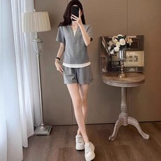 천하오 여성 브이넥 반팔 반바지 세트 캐주얼 세트 GX383