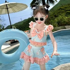 女童分體泳衣 夏季可愛兔子圖案荷葉邊蝴蝶結公主泳裝