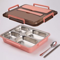 [SUS-304 스텐 식판 도시락통 세트] 밀폐 도시락 런치박스 스테인레스 5칸 다이어트 아이 소풍 용기, 1세트, 4칸도시락+수저세트, 피치 레드