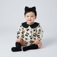로이앤한나 블랙 큰꽃 신생아 3개월 6개월 9개월 돌 여아 여자아기 긴팔 면 슈트 리본헤어밴드 세트