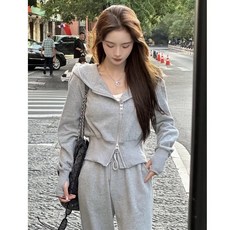 小個子休閒風運動套裝 女秋時尚連帽衛衣外套 高腰抽繩闊腿褲兩件套