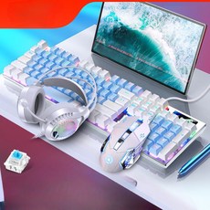게이밍 키보드 마우스 헤드셋 세트 기계식 청축 USB 유선 e스포츠, 104키 청축 블루 화이트 3종세트, 일반형