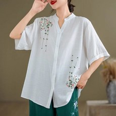 여성 여름 개량한복 반팔 티셔츠 루즈핏 린넨 블라우스 셔츠