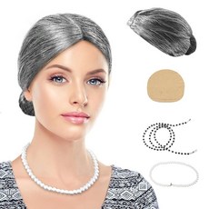 Qyyiguf 할머니가 가발 코스튬 세트 할로윈 파티 100일 학교 할머니 가발 가발 캡 진주 목걸이 안경 안경 리테이너 체인(5피스), Qyyiguf 할머니가 가발 코스튬 세트, 할로윈 파티