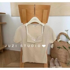 Juzi Studio 假兩件蕾絲短版上衣, 米黃