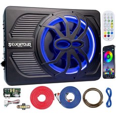 Seventour 10인치 800W 슬림 언더 시트 파워드 카 서브우퍼 차량트럭 오디오 서브 내장 앰프 블루 LED 앰비언트 라이트 새 업그레이드, Subwoofer + Mounting Wire Kit