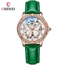 럭셔리 패션 여성 자동 기계식 시계 스테인레스 스틸 스트랩 레이디 손목 아름다운 나비 다이얼 디자인 라, 06 Green Leather