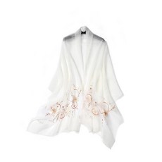 STARWHISPER 여성용 실크 & 울 롱 앤 라지 스카프 숄 랩 이브닝 드레스 나뭇잎 자수 아이보리 140636, 꽃 자수 아이보리